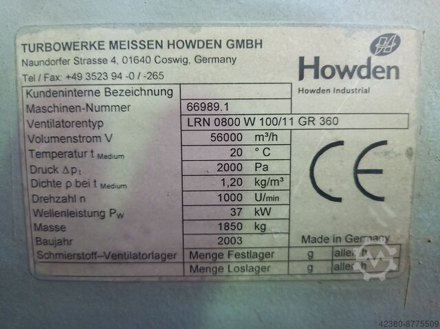 Radialgebläse Gebläse Radialventilator Howden Turbowerke Meissen 37kW ; 56000m³ LRN 0800 W 100/11 GR360