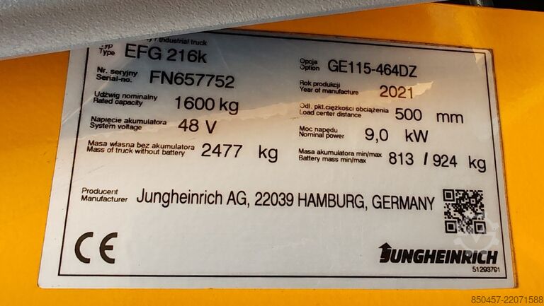Electric - 3 wheels Jungheinrich EFG216k /2021y/ 4560mh RES MA