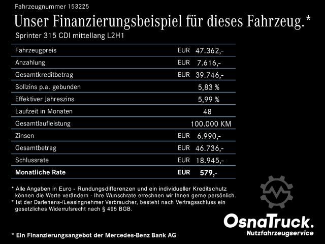 Kastenwagen MERCEDES-BENZ Sprinter 315 CDI mittellang L2H1 Klima, KameraBC