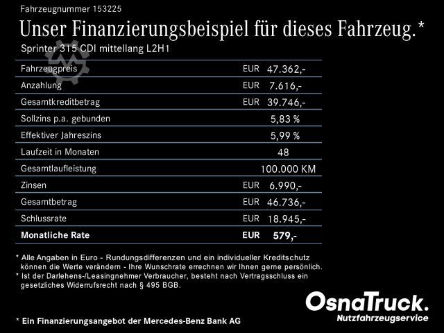 Panel van MERCEDES-BENZ Sprinter 315 CDI mittellang L2H1 Klima, KameraBC