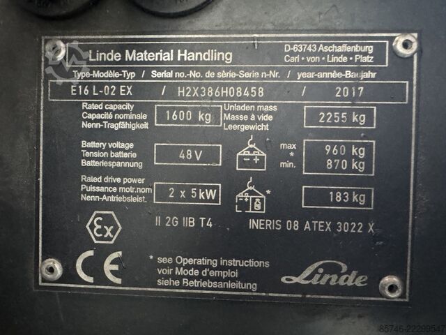 E 16 L - 386 / 02 Evo * Atex EX * Proplan 2G / Zone 1 !! NEUE Batterie !! LINDE E 16 L - 386 / 02 Evo * Atex EX * Proplan 2G / Zone 1 !! NEW battery !!
