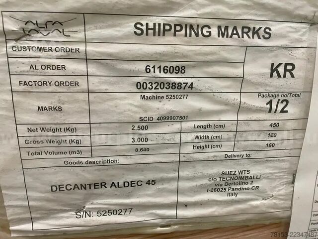Alpha Laval Centrifuge (Decanter) Alfa Laval Aldec 45