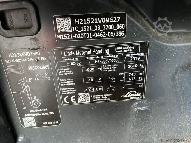 Electric 3-wheel forklift Linde E16C-02