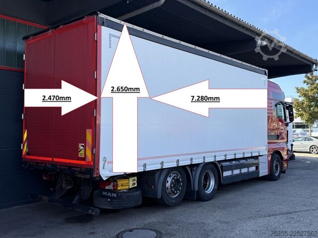 Flatbed truck with tarp MAN TGX 26.480 XXL Euro6Retarder 7,28m Festaufbau!