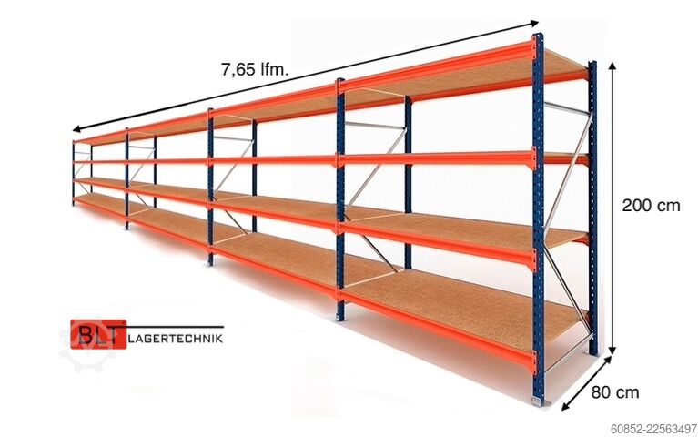 Weitspannregal ca. 7,65 lfm. Weitspannregale H: 200 cm T: 80 cm , 400 kg Fachlast , 4 Ebenen