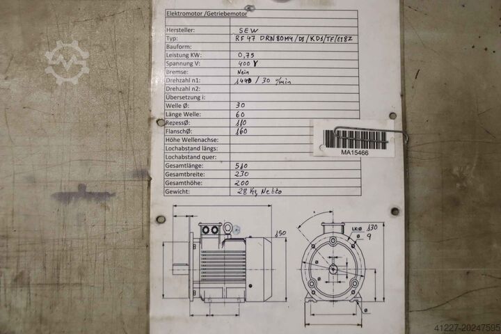 Geared motor 0.75 kW 30 rpm SEW-Eurodrive RF47 DRN80M4/DI/KD1/TF/E18Z