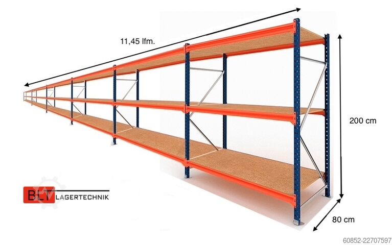 Weitspannregal ca. 11,45 lfm. Weitspannregale H: 200 cm T: 80 cm , 400 kg Fachlast , 3 Ebenen