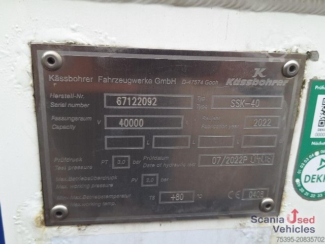 Tankauflieger Kässbohrer Lebensmitteltank Kippbar SSK 40XS Neuwertig !!
