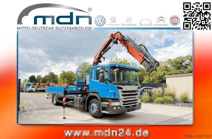 Flatbed truck SCANIA P250 4x2 Pritsche KRAN 14m 5./6. Steuerkre FUNK