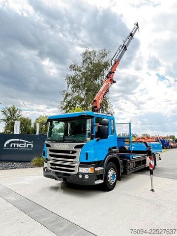 Flatbed truck SCANIA P250 4x2 Pritsche KRAN 14m 5./6. Steuerkre FUNK