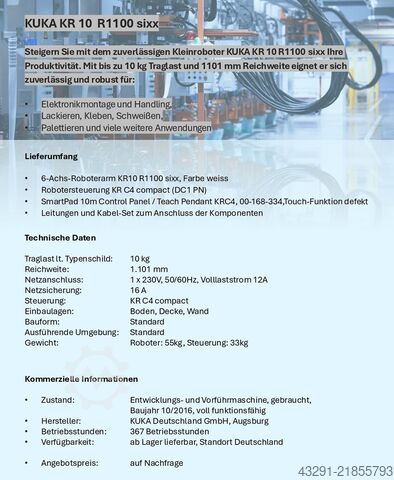 Industrial robot KUKA KR 10 R1100 sixx
