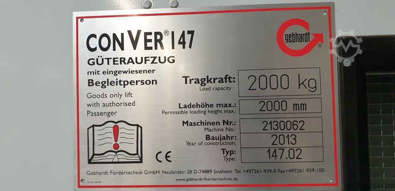 Güteraufzug Lastenaufzug Lift Gebhardt CONVER 147