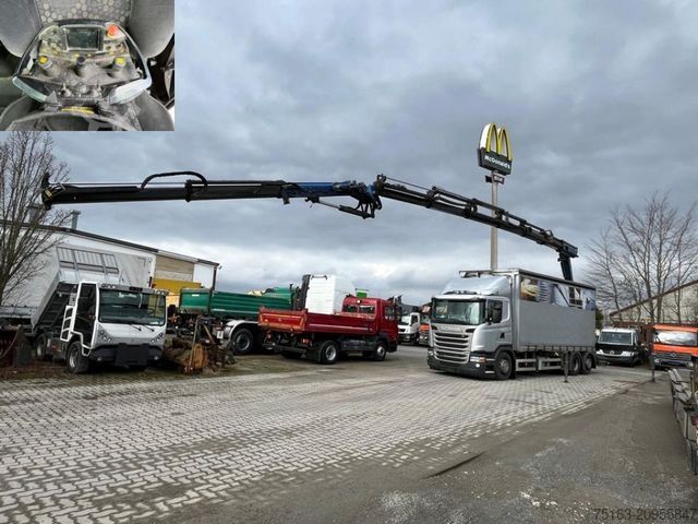 Flatbed truck with tarp SCANIA G 410 6x2 Pritsche Heckkran Palfinger PK 27002