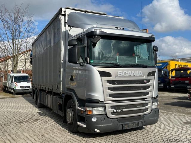 Flatbed truck with tarp SCANIA G 410 6x2 Pritsche Heckkran Palfinger PK 27002