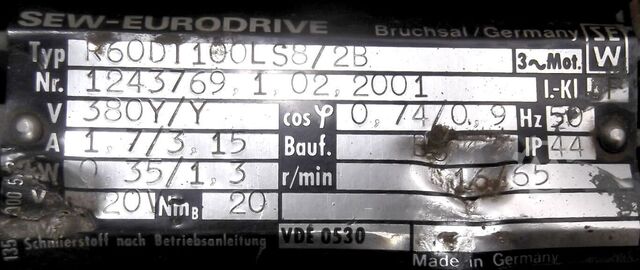 Gear motor 0.35/1.3 kW 16/65 rpm SEW-EURODRIVE R60DT100LS8/2B