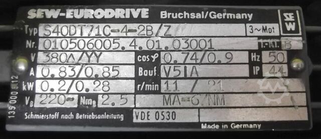 Gear motor 0.2/0.28 kW 11/21 rpm SEW-EURODRIVE S40DT71C-4-2B/Z