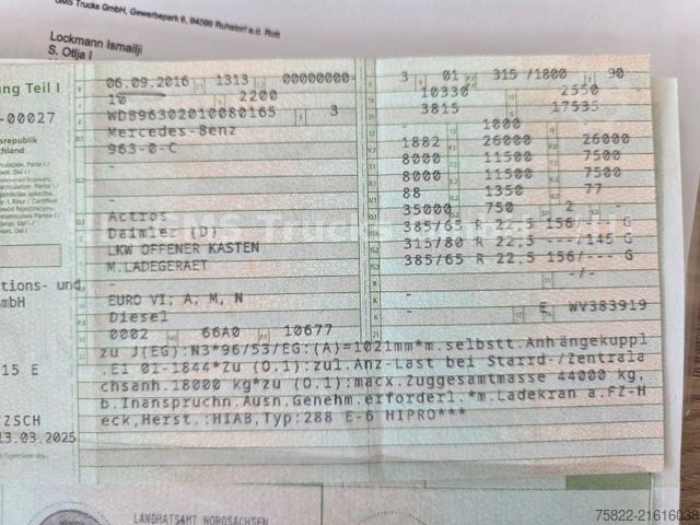 LKW mit Pritsche (offen) MERCEDES-BENZ Actros 2543 / 27m Hiab 288 Kran Flyjib / WINCH