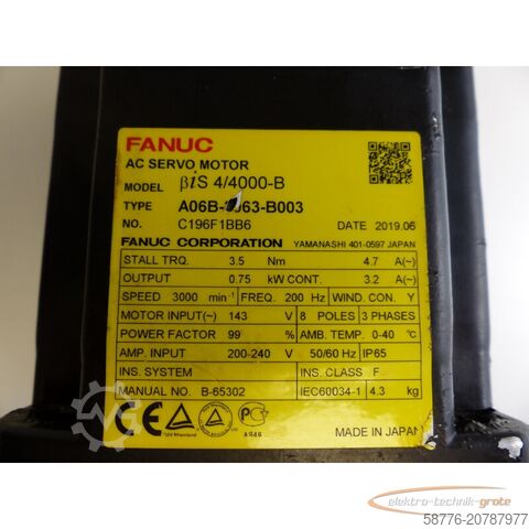 Control unit Fanuc A06B-0063-B003 AC Servo Motor SN: C196F1BB6 + A860-2070-T321 Pulsecoder