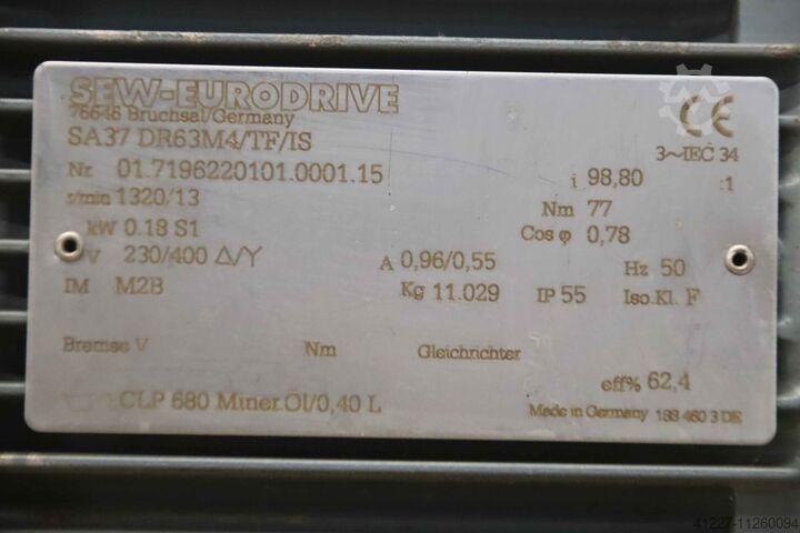 Gear motor 0.18 kW 13 rpm SEW-Eurodrive SA37 DR63M4/TF/IS