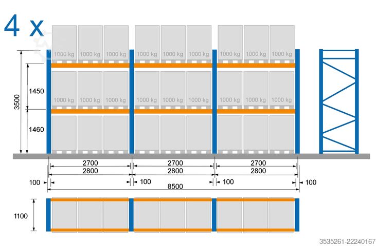 Palettenregal 4 x 8,5 m lang, 3,5 m hoch, 16 Rahmen 48 Traversen, 3 Ebenen 3t