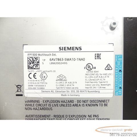  Siemens IFP1500 Multitouch Ext. 6AV7863-5MA10-1NA0 SN: LBM2002495 --