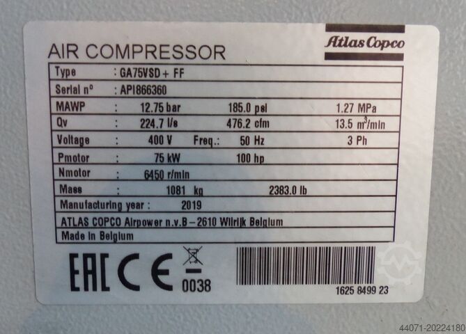 Screw air compressor Atlas Copco GA75VSD+FF