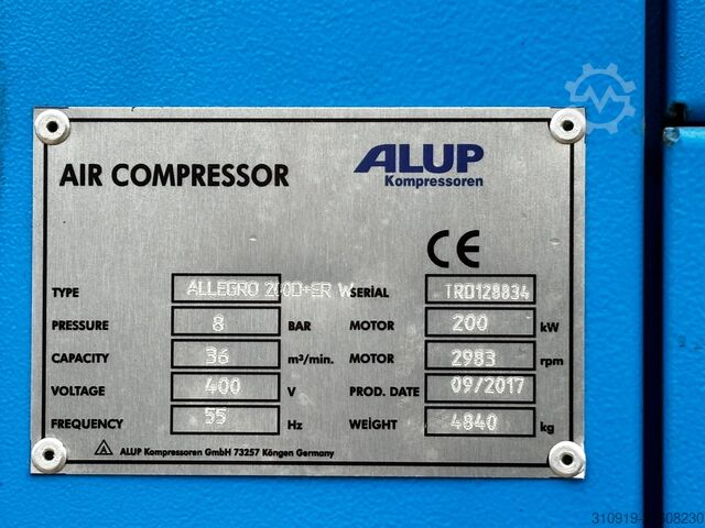 Screw compressor ALUP Allegro 200 + ER W (200 kW, 36 m³/min)