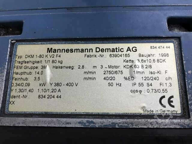 E-Kettenzug Kran DEMAG DKM 1-80 K V2 F4 Manulift