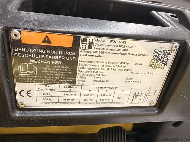 Electric 3-wheel forklift Hyster J2.0 XNT