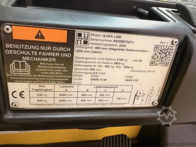 Electric 4-wheel forklift Hyster J2.0XN LWB