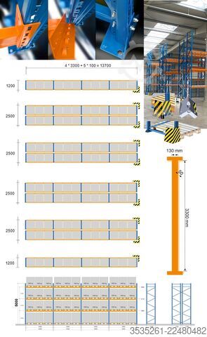Sheet metal rack 10x13,7 m lang, 5 m hoch, 10 Schutzecken 50 Rahmen, 240 Traversen (3300) 3,25 t