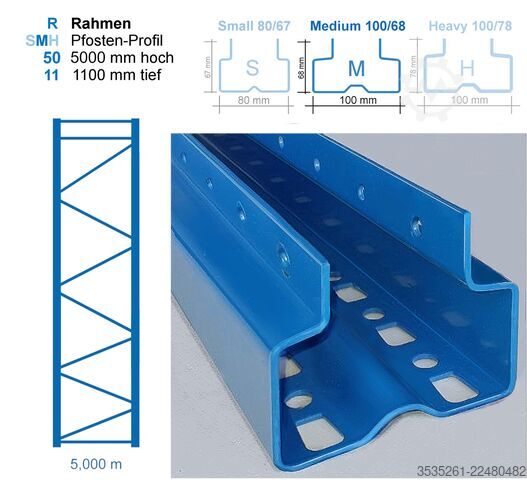 Sheet metal rack 10x13,7 m lang, 5 m hoch, 10 Schutzecken 50 Rahmen, 240 Traversen (3300) 3,25 t