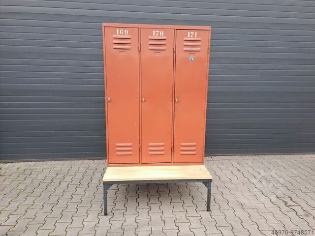 Spind Schrank Werkstattspind Stahlspind / 2.100x1.220x850mm (HxBxT) 3 Türen inkl. Gestell und Sitzbank