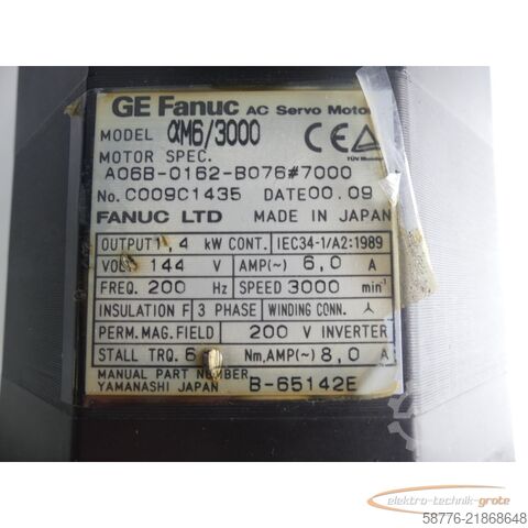 Control unit Fanuc GE  A06B-0162-B076 # 7000 ?M6/3000 AC Servo Motor Seriennummer: C009C1435