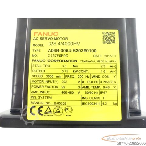 Fanuc Motor Fanuc A06B-0064-B203 # 0100 AC Servo Motor SN: C157F0F9D + Pulsecoder ungebr.