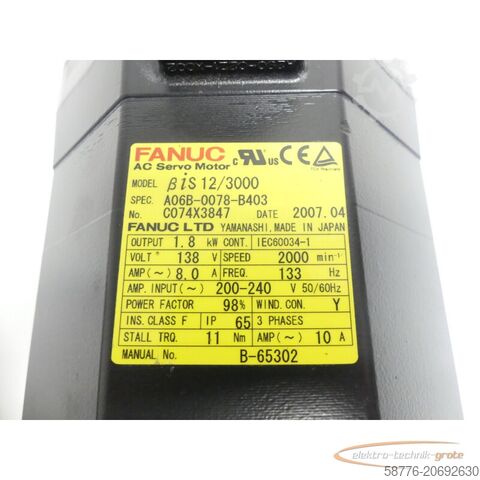 Fanuc Motor Fanuc A06B-0078-B403 AC Servo Motor SN: C074X3847 mit A860-2020-T301 Pulsecoder
