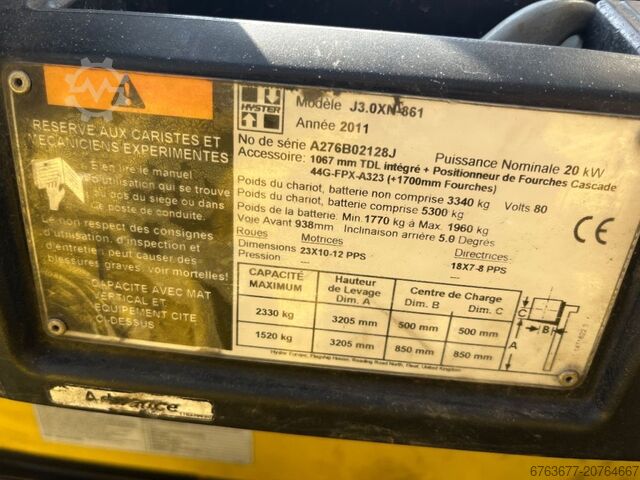 Hyster J3.0XN J3.00XN heftruck forklift 2delig 320 freelift sideshift 2011 HYSTER J 3.0 XN