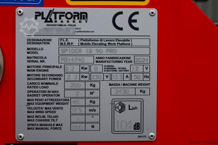 Gelenkteleskoparbeitsbühne Platform Basket Spider 18.90 PRO CE Declaration, Valid inspection,
