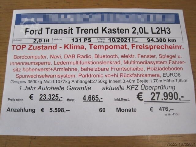 Box van Ford Transit Trend Kasten L2H3 - Klima, Navi