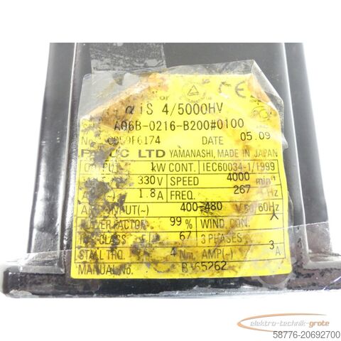 Fanuc Motor Fanuc A06B-0216-B200 # 0100 AC Motor SN: 0059F6174 + Pulsecoder -Deckel kaputt-