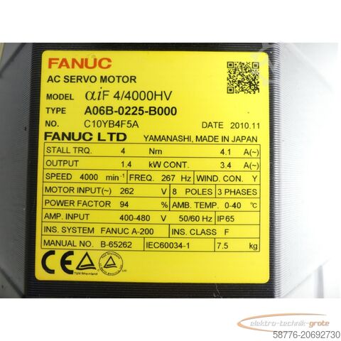 Fanuc Motor Fanuc A06B-0225-B000 AC Servomotor Seriennummer: C10YB4F5A