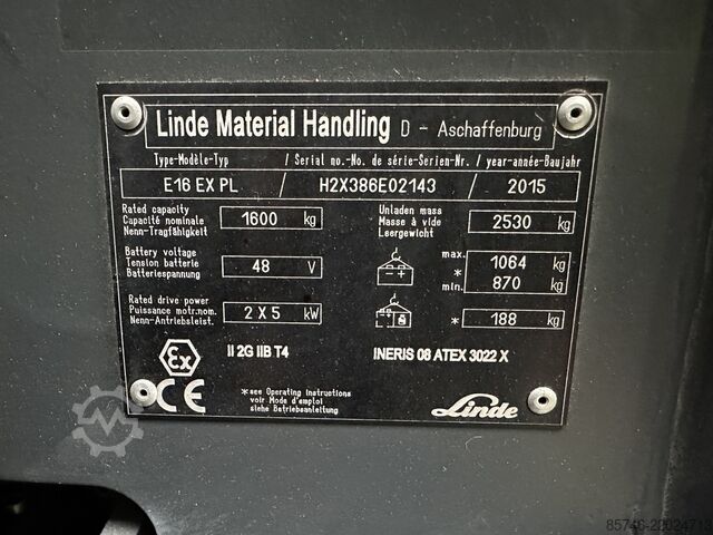 E 16 PL - 386 * Atex EX * Proplan 2G / Zone 1 !! NEW battery !! LINDE E 16 PL - 386 * Atex EX * Proplan 2G / Zone 1 !! NEW battery !!