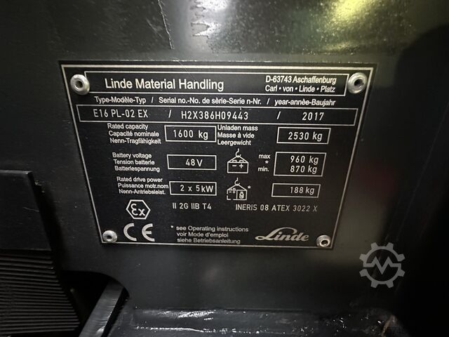 E 16 PL - 386 / 02 Evo * Atex EX * Proplan 2G / Zone 1 !! NEW battery !! LINDE E 16 PL - 386 / 02 Evo * Atex EX * Proplan 2G / Zone 1 !! NEW battery !!
