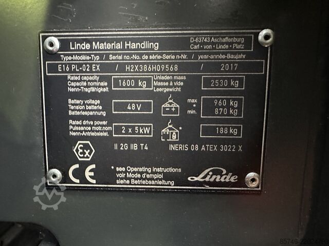 E 16 PL - 386 / 02 Evo * Atex EX * Proplan 2G / Zone 1 !! NEW battery !! LINDE E 16 PL - 386 / 02 Evo * Atex EX * Proplan 2G / Zone 1 !! NEW battery !!
