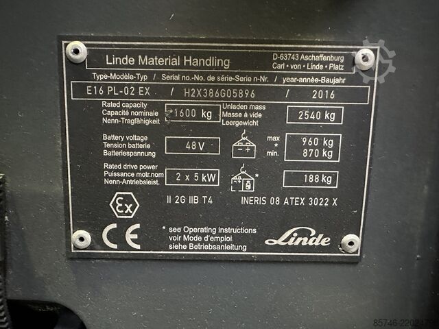 E 16 PL - 386 / 02 Evo * Atex EX * Proplan 2G / Zone 1 !! NEW battery !! LINDE E 16 PL - 386 / 02 Evo * Atex EX * Proplan 2G / Zone 1 !! NEW battery !!