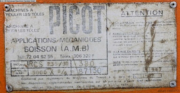 Blechbiegemaschine - 3 Walzen PICOT RCS 235/30