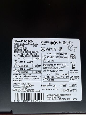 Sanftstarter Siemens SIRIUS 3RW4453-2BC44, 551A, 315kW, Sanftanlauf Softstarter Siemens SIRIUS 3RW4453-2BC44 551A 315kW Soft Start Softstarter Siemens SIRIUS 3RW4453-2BC44 551A 315kW Soft Start