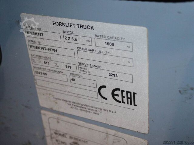 Electric 3-wheel forklift Toyota 8 FBEK 16 T