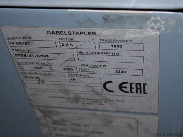 Electric 3-wheel forklift Toyota 8 FBE 18 T