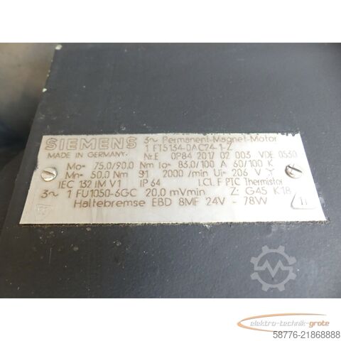 Control unit Siemens 1FT5134-0AC24-1-Z Motor SN: E0P84201702003 - Z = G45  K18